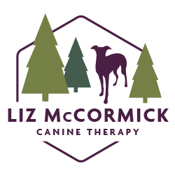 Logo featuring a dog silhouette among stylised trees with the text "Liz McCormick Canine Therapy."